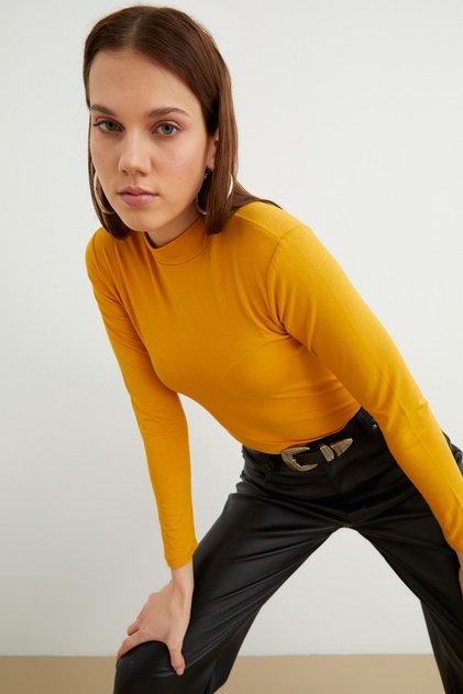 Women's Mustard Yellow Turtleneck Long Sleeve Basic Bodysuit