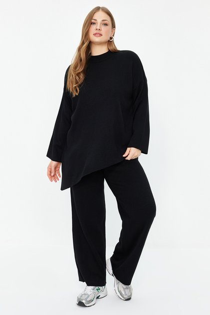 Black Stand-Up Collar Slit Detailed Knitwear Bottom-Top Suit Tbbaw24Cp00013