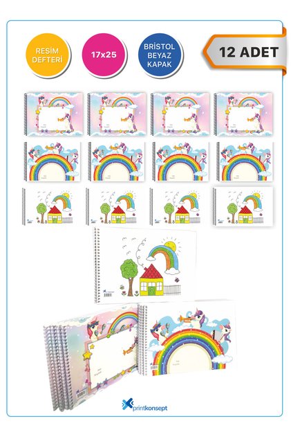 12 Adet Küçük Resim Defteri, Spiralli Resim Defteri, 15 Yaprak Spiralli, Resim Defteri Ölçü:17x25