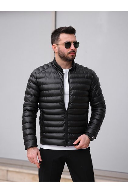 Schmal geschnittener Puffermantel aus Leder