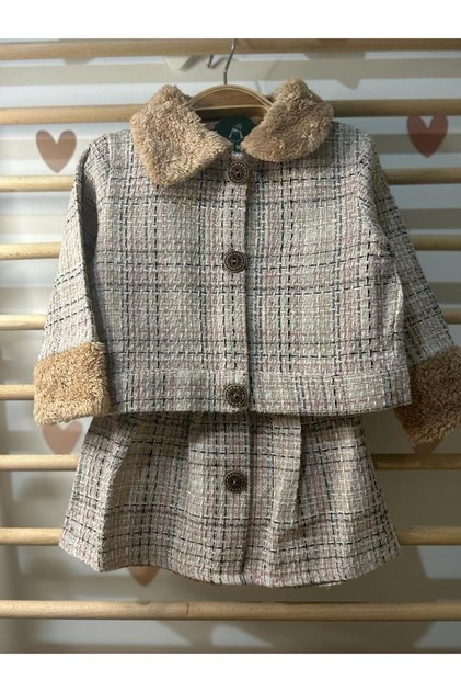 New Season Girl's Fur Detailed Pattern Jacket-Skirt Set
