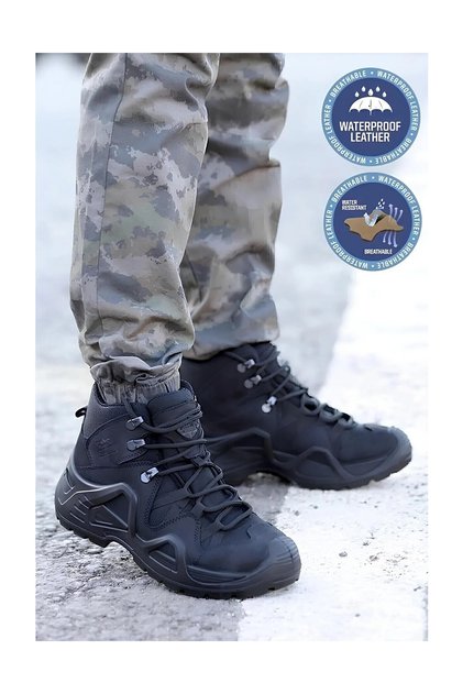 P1490ns GALIP FATHER Men's Black Leather Lace-Up Military Boots
