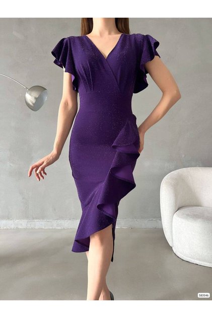 Purple Color Flounce Double Breasted Collar Glitter Evening Dress 121