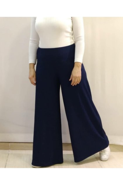 Navy Blue Combed Cotton Viscose Wide Leg Trouser Skirt with Elastic Waist