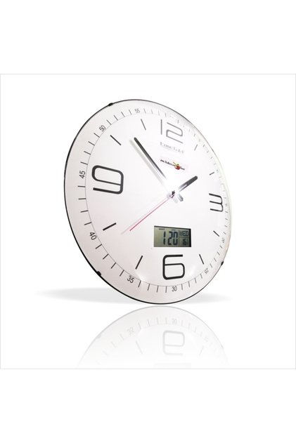 Ceas de perete alb mare, silențios, cu secundar glisant, de 35 cm, cu termometru digital de precizie și afișaj pentru dată