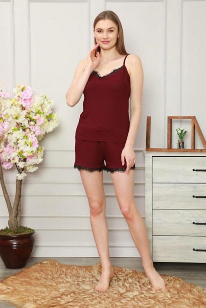 Women's Plum Lace Detailed Ribbon Pajama Set 5530-3 -