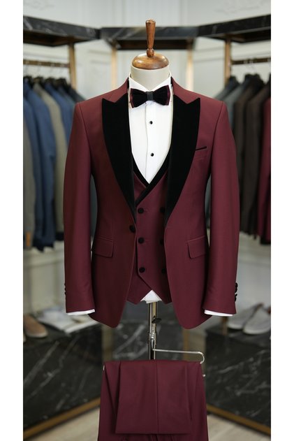 Erkek Smokin Damatlık Kadife Kırlangıç Yaka İtalyan Stil Slim Fit Ceket Yelek Pantolon Papyon