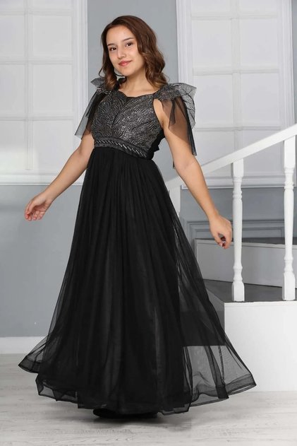 Girl's Long Evening Dress with Tulle Detail on the Shoulder