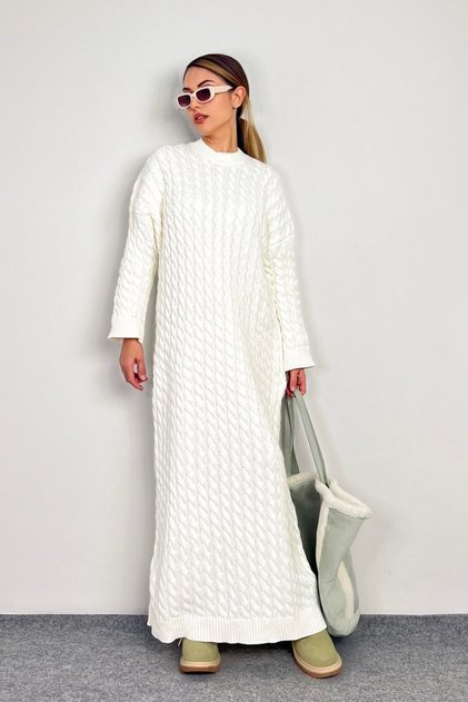 Women's Ashley Cream Braided Knitwear Long Dress