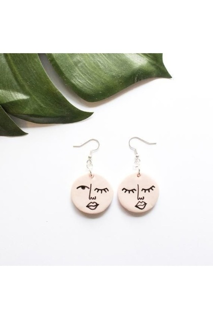 White Face Patterned Scandinavian Model Alaçatı Polymer Earrings