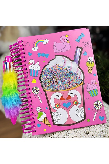 İthal hareketli pullu tüylü renkli boya kalem flamingo dondurma desenli a5 defter hatıra ajanda