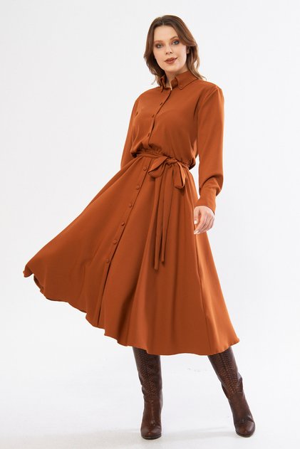 Cinnamon Long Sleeve Buttoned Elastic Waist Belted Woven Flowy Fabric Midi Length Shirt Dress