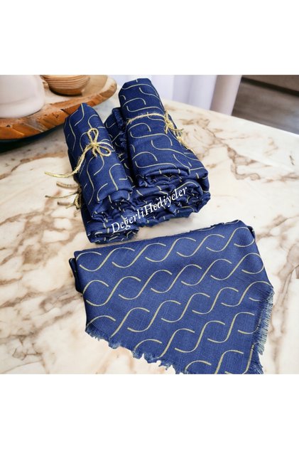 Dark Blue Flamed Square Patterned Headscarf Stylish and Luxurious Model Scarf