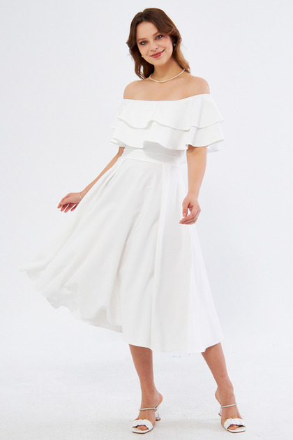 White Off-Shoulder Karmen Collar Flowy Woven Fabric Flared Midi Length Homecoming & Evening Dress
