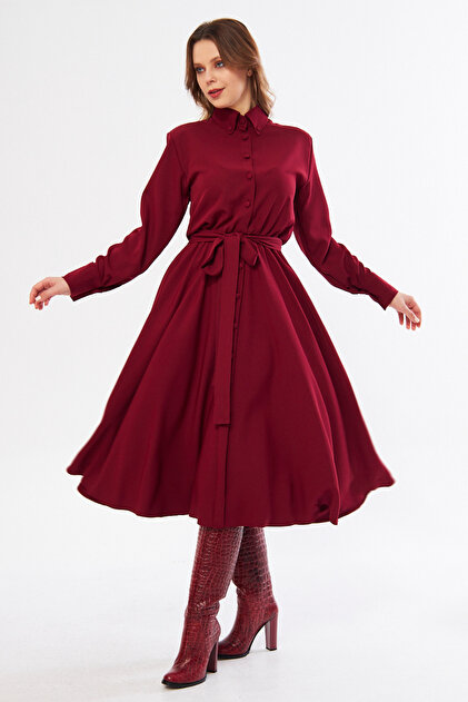 NO48 Burgundy Long Sleeve Buttoned Elastic Waist Belted Woven Flowy Fabric  Midi Length Shirt Dress- Trendyol