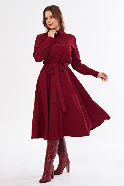 NO48 Burgundy Long Sleeve Buttoned Elastic Waist Belted Woven Flowy Fabric  Midi Length Shirt Dress- Trendyol