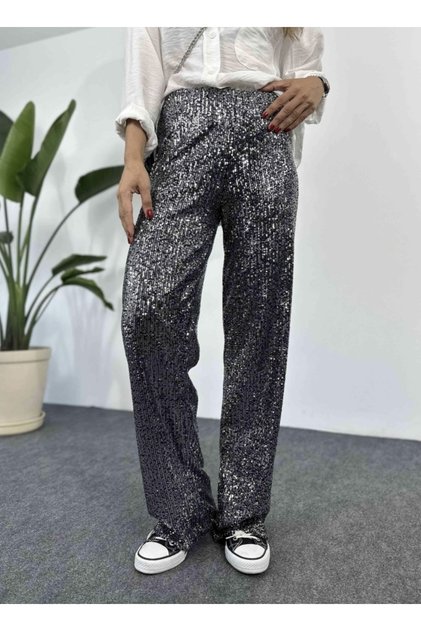 Pantaloni largi cu talie elastică și paiete cu paiete