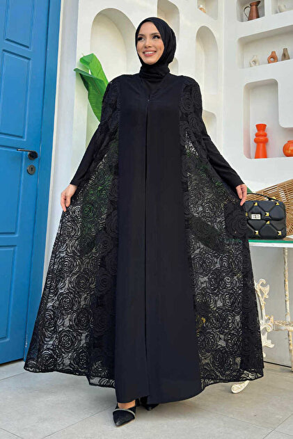 Bym Fashion Lace Abaya 7884 Black- Trendyol