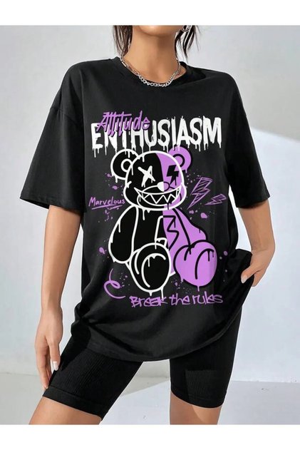 Unisex Large Size Design Teddy Bear Printed Oversize T-shirt