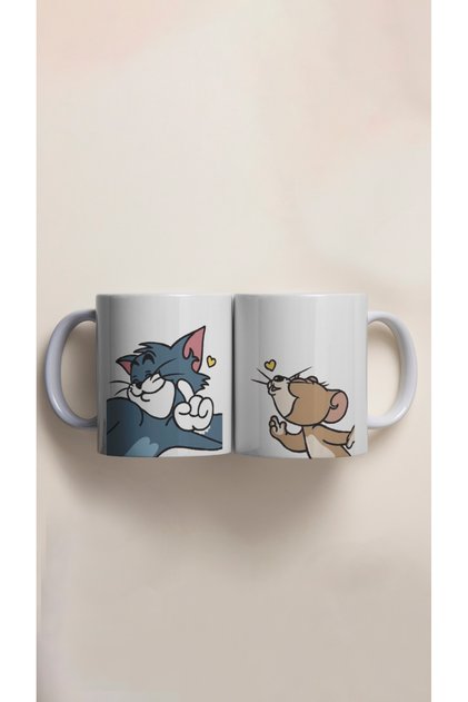 İkili "Tom and Jerry" Baskılı Kupa Bardak Sevgililer Günü Özel