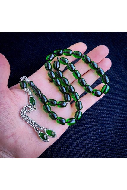 Kişiye Özel 9x12 mm Zümrüt Yeşili Ateşi Kehribar Tesbih | Taraftar Tesbih