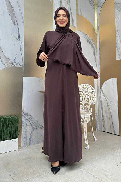 Bym Fashion Dantel Detay Şallı Namaz Feracesi 6010 Kahverengi