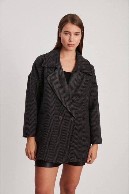 Women's Oversize Pocketed Herringbone Pattern Stamp Coat Anthracite