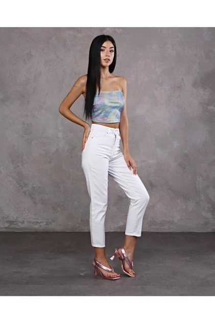Women's White Denim Jeans Button Detailed High Waist Mom Jean New 2024