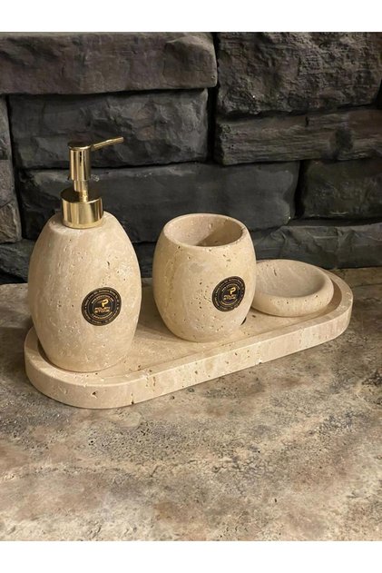 Light Travertine Oval 4-Piece Bathroom Set with Natural Stone Accessories (new)