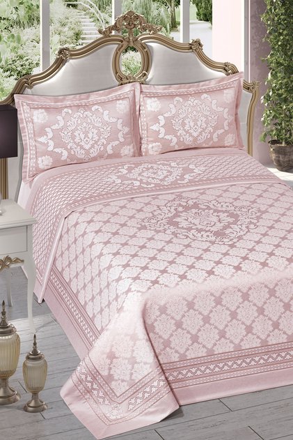 Damask Panel Chenille Double Bedspread 240X260Cm (Pudra)