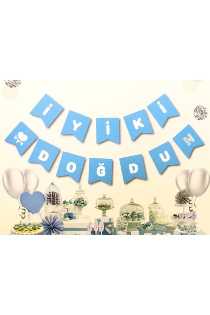 Blue with Silver Gray Gilded Happy Birthday Written Birthday Party Cardboard String Writing Banner