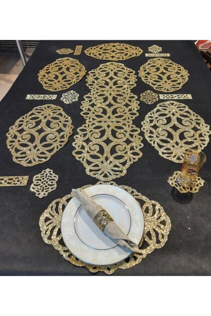 6-Person/19-Piece Artificial Leather Luminous Presentation Set; 1 Runner, 6 Servings, 6 Doilies, 6 Cutlery Holders - Gold