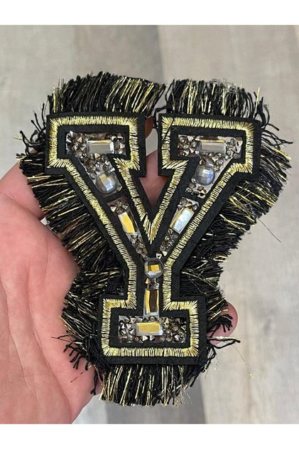 12x10 Cm Ütü Ile Yapışan Varaklı Y Harfi Nakış Ve Taş Işleme Püsküllü Aplike Arma Dikiş Hobi