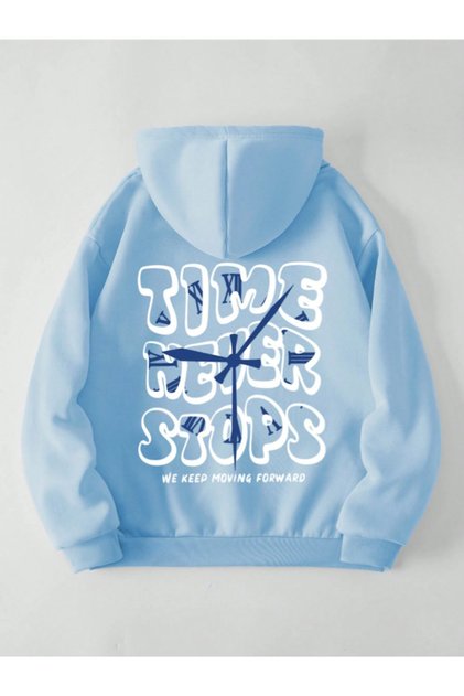 Unisex Erkek/Kadın Time Renkli Özel Baskılı Oversize Kapüşonlu Sweatshirt