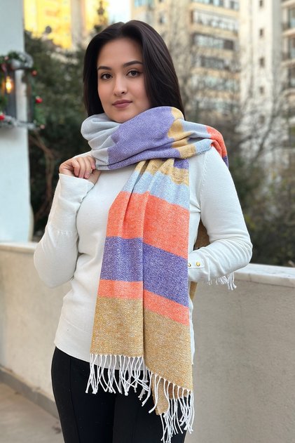 Unisex Stamp Textured Color Blocked Long Scarf with Fringed Ends