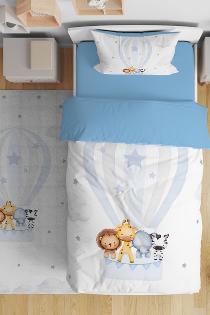 Blue Balloons Flying Animals Patterned Single Baby Kids Bedding Set