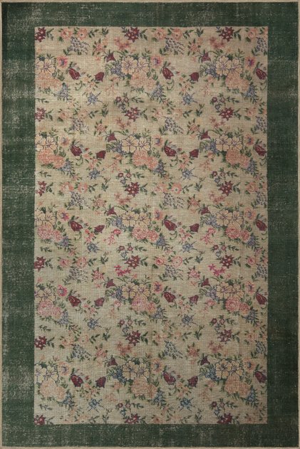 Green Beige Themed Flower Rose Patterned Creative Modern Decorative Carpet 2973