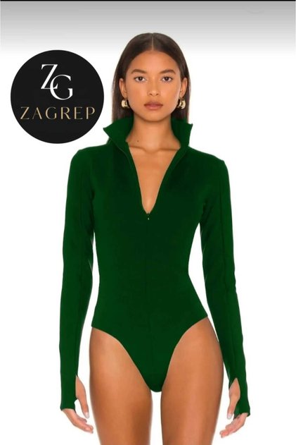 Kadın Zümrüt Yeşili Önden Gizli Fermuarlı Parmak Geçmeli Bodysuit