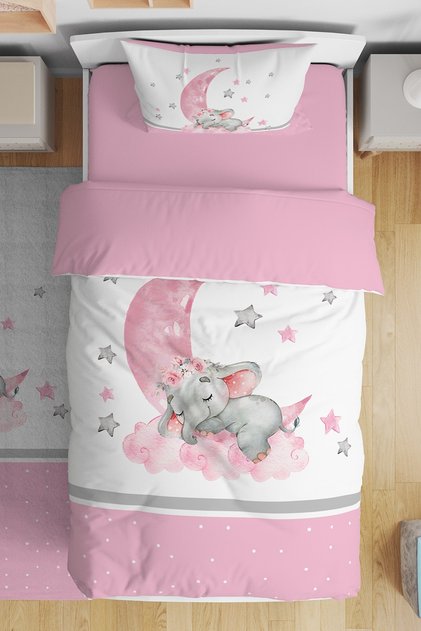 Pink Striped Elephant Sleeping on the Moon Patterned Single Baby Kids Bedding Set