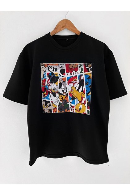 Unisex Cartoon Character Printed Cotton Crew Neck Oversize T-shirt