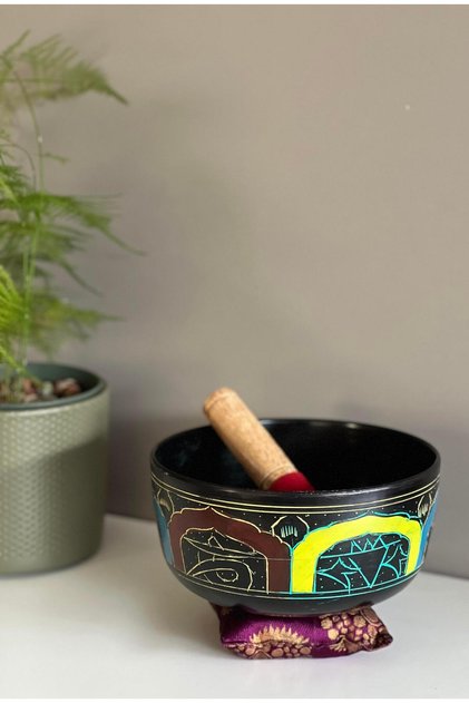 3 Color Motif Tibetan Meditation Bowl/Singing Bowl and Plum Bottom Cushion Set