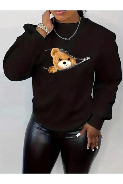 Unisex Crew Neck Oversize Printed Teddy Bear Sweatshirt