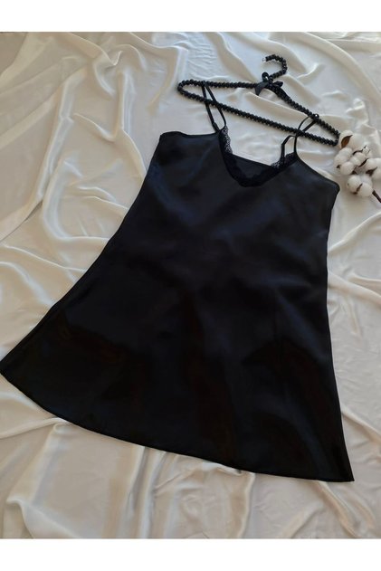 Black Lace Collar Sling Satin Nightgown
