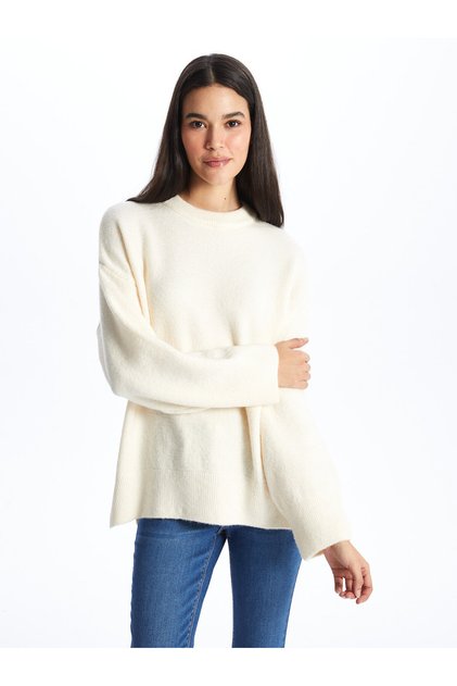 Einfarbiger, langärmliger, übergroßer Damen-Strickpullover mit Rundhalsausschnitt