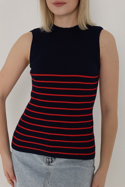 Women's Navy Blue Striped Zero Sleeve Knitwear Body Sweater