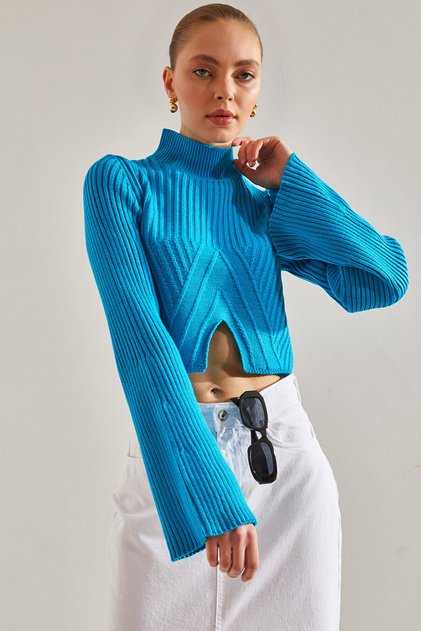 Türkisfarbener Crop-Pullover mit halbem Fischermuster für Damen Stk269