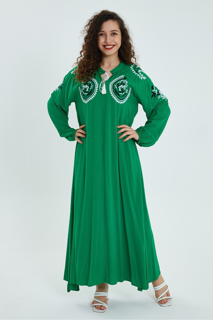 Rochie de damă, verde, cu flori, broderie, cu guler cu mâneci lungi, etnică, autentică, lungă, largi