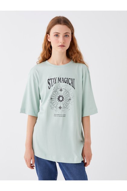 Crew Neck Printed Short Sleeve Oversize Women's Tunic
