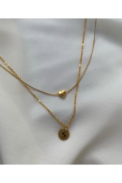 Kadın Harf ve Kalp Detaylı İkili Kolye