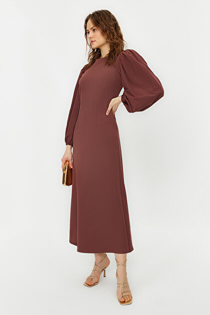 Trendyol Modest Brown Balloon Sleeve Woven Crepe Dress TCTSS24EB00027-  Trendyol